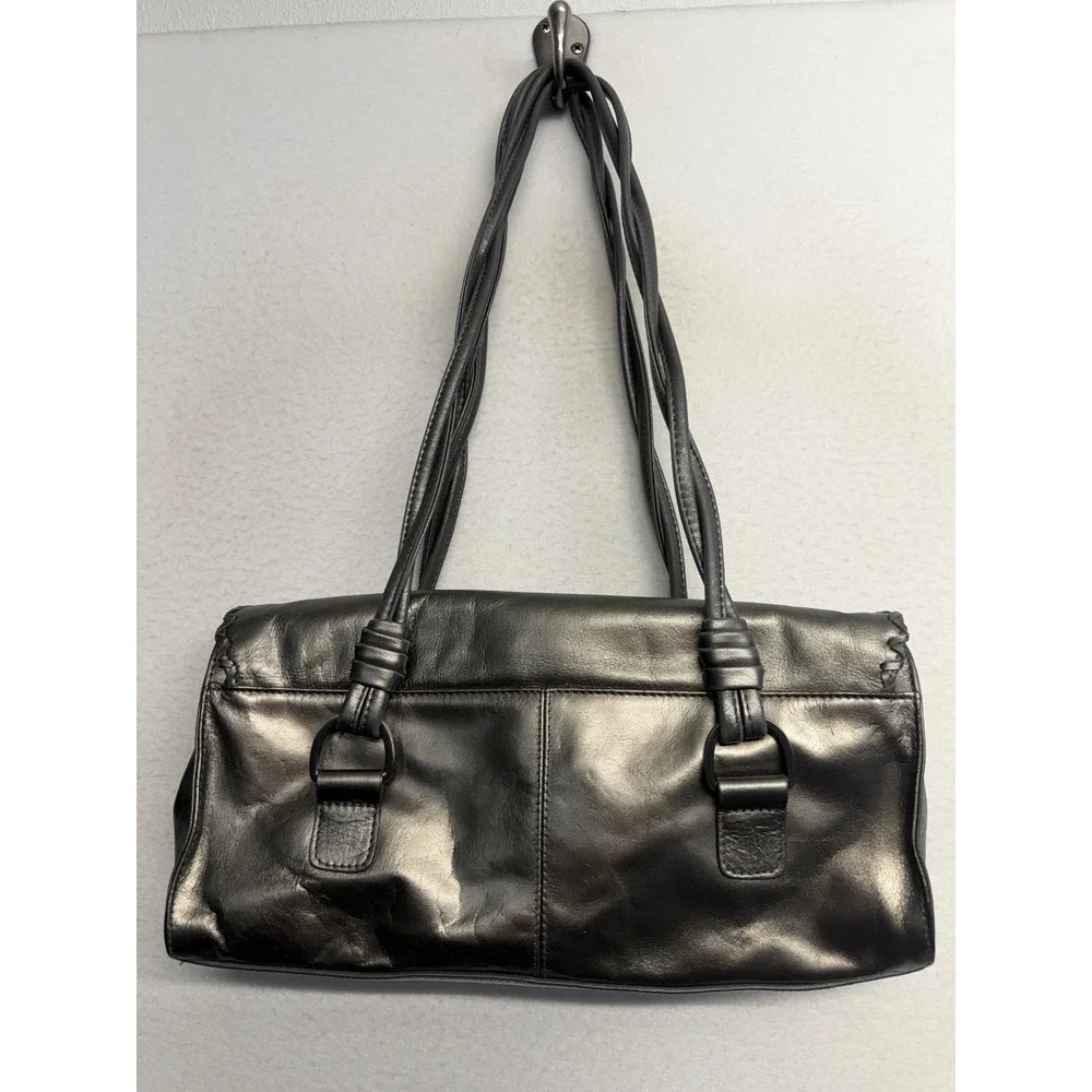 Worthington Metallic Pewter Leather‎ Shoulder Bag Whipstitch Flap Handbag Grey